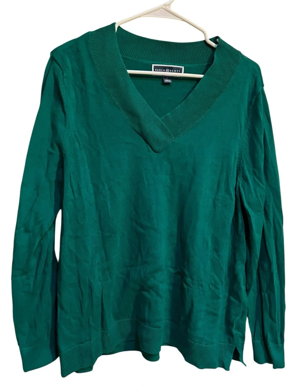 Karen Scott Women's Size Large V-Neck Pullover Sweater Kelly Green 100% Cotton